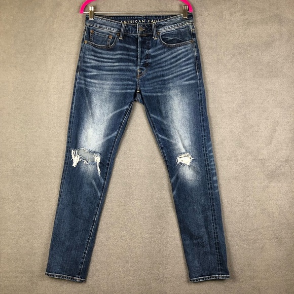 American Eagle Men's Blue Distressed flex slim button closure jeans size 31X32 - Picture 1 of 11